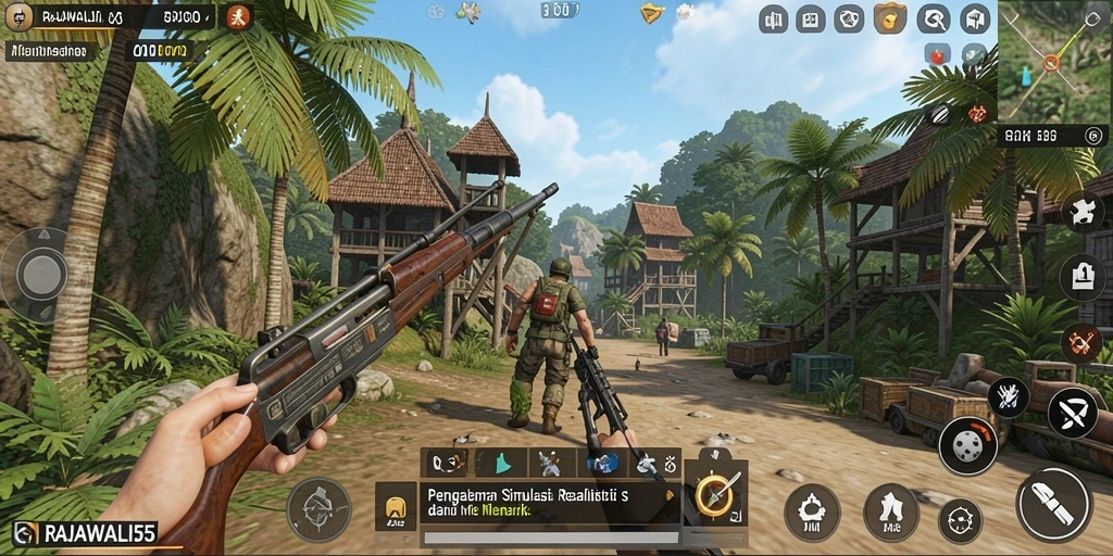 Tangkapan layar RAJAWALI55 menampilkan visualisasi gameplay simulasi yang menarik.