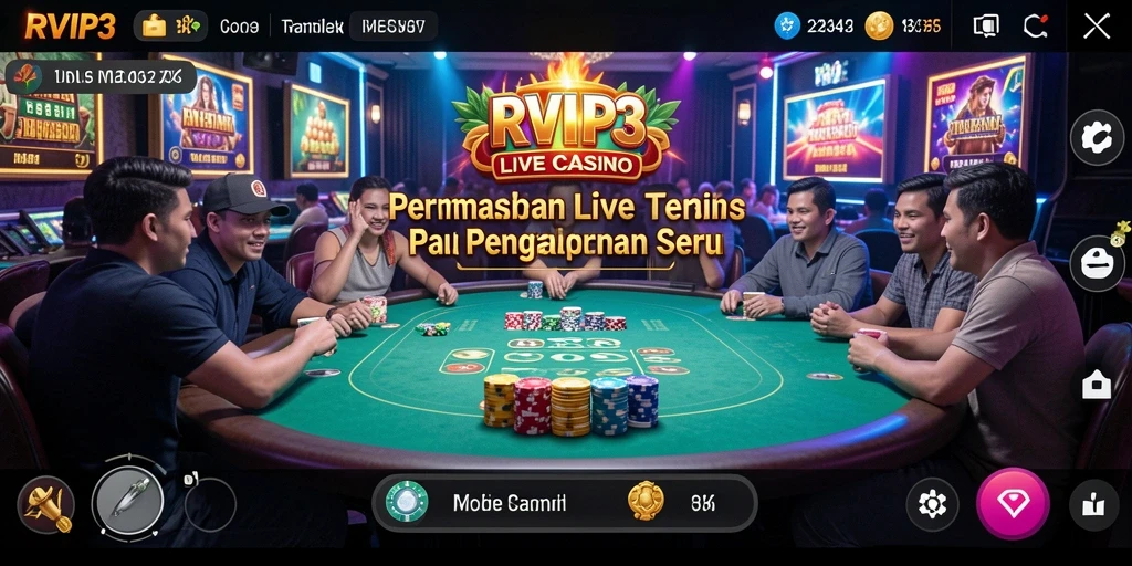 Screenshot gameplay Live Casino RVIP3 dengan dealer langsung dan interaksi pemain.