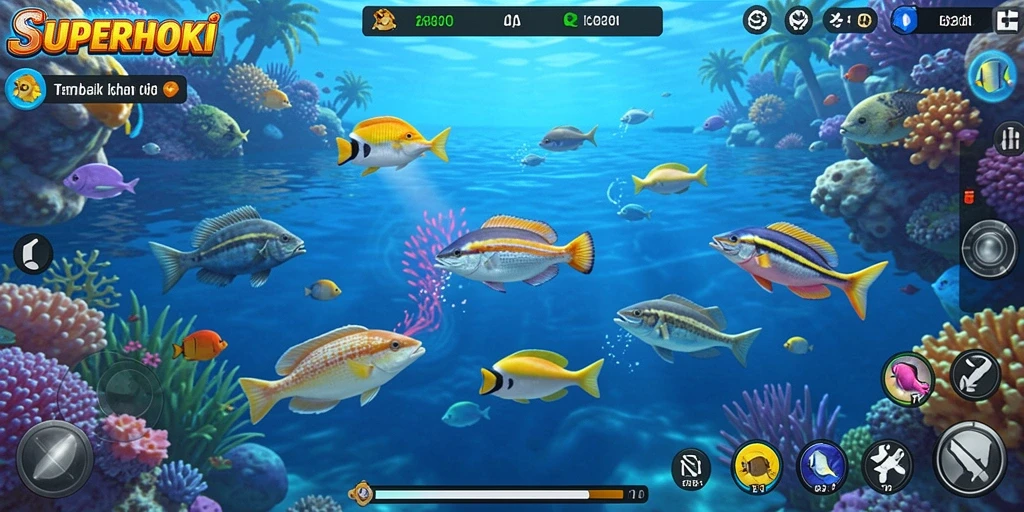 Tampilan gameplay seru dalam SUPERHOKI saat menembak ikan.